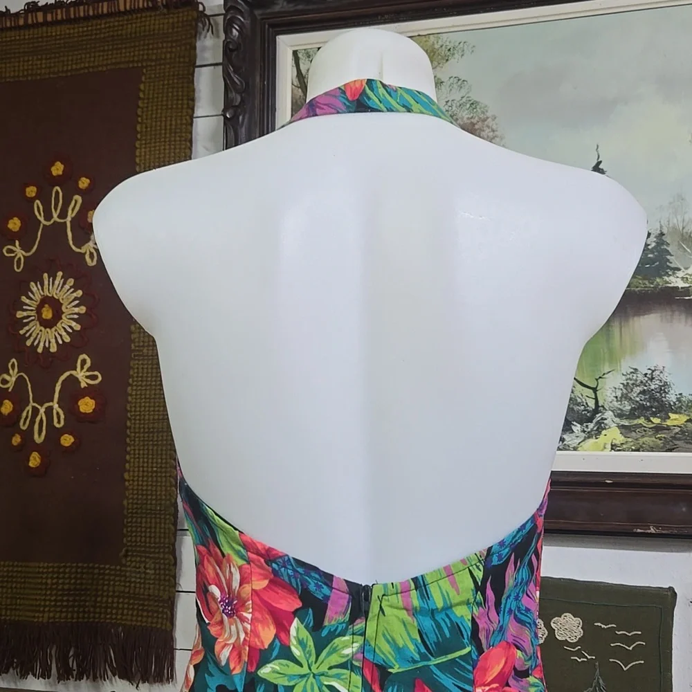 Cotton Halter Top Minidress Petticoat Exotic Plants Flowers Monstera Cactus - Picture 7 of 17